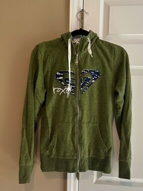 Vintage Roxy Olive Green Zip Hoodie with Navy Heart Patch